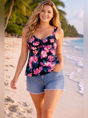 NWT Trimshaper Women's Lily Floral Tankini Swimsuit Top  Size 8 Swimmwear